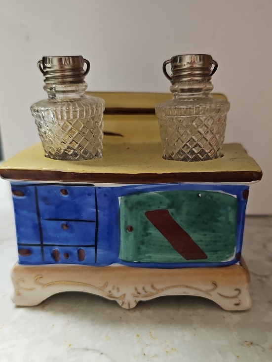 Occupied Japan Other - Vintage Ceramic Decorative Miniature Stove Oil Cruet Set - Blue/Green